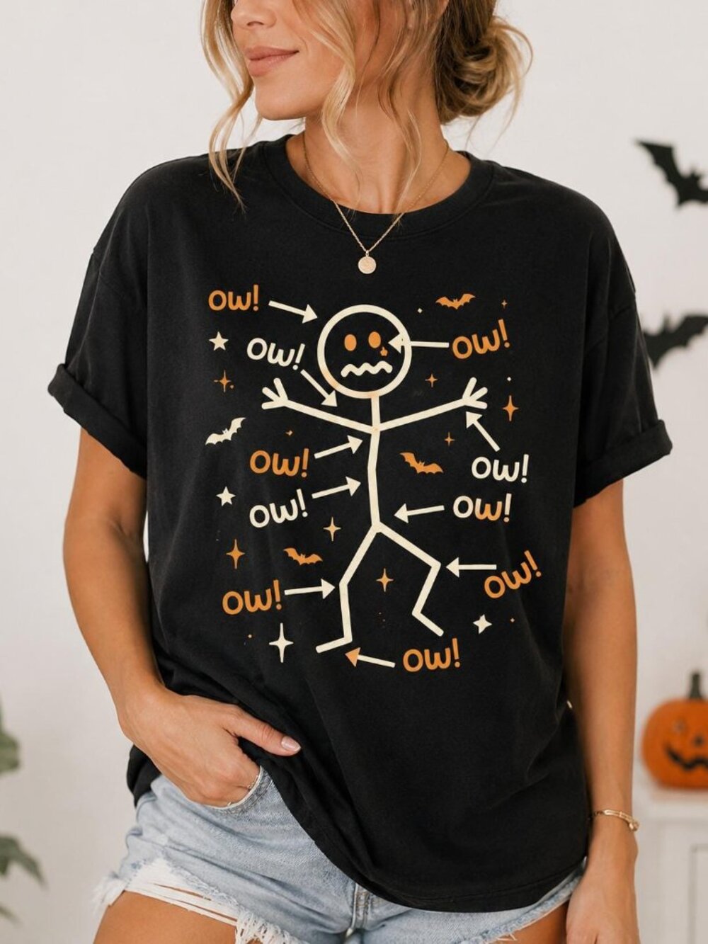 Funny Halloween Ouch Stick Figure Shirt, Spooky Skeleton Graphic Tee